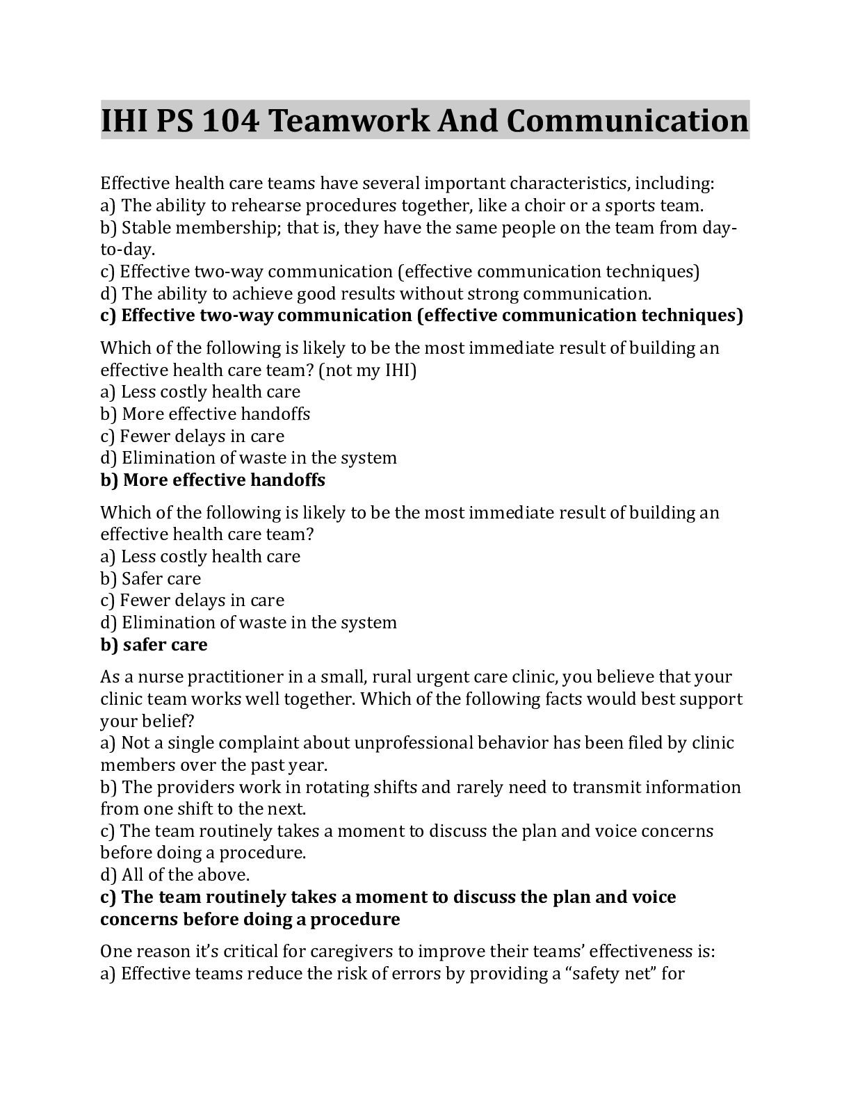 Preview image for IHI PS 104 Teamwork And Communication Questions And Answers